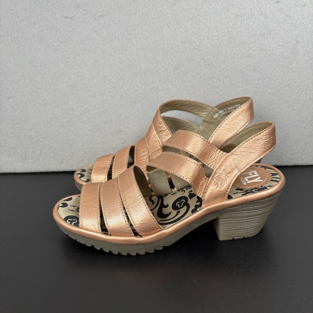 Fly London Woze Rose Gold Metallic Leather Multi Strap Sandals Size 37/6.5-7